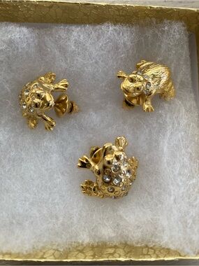 Set of Three Frogs Pin/Brooch with Clear Rhinestones